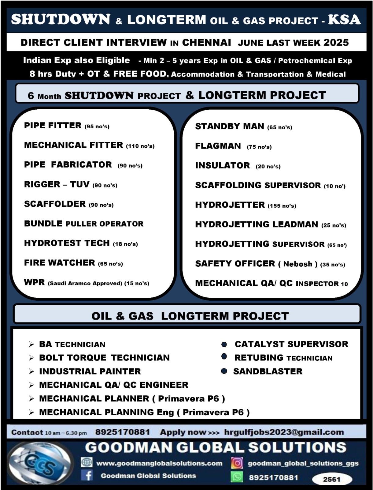SHUTDWON & LONG TERM OIL & GA PROJECT | DIRECT CLIENT INTERVIEW IN CHENNAI @ JUNE LAST WEEK 2025