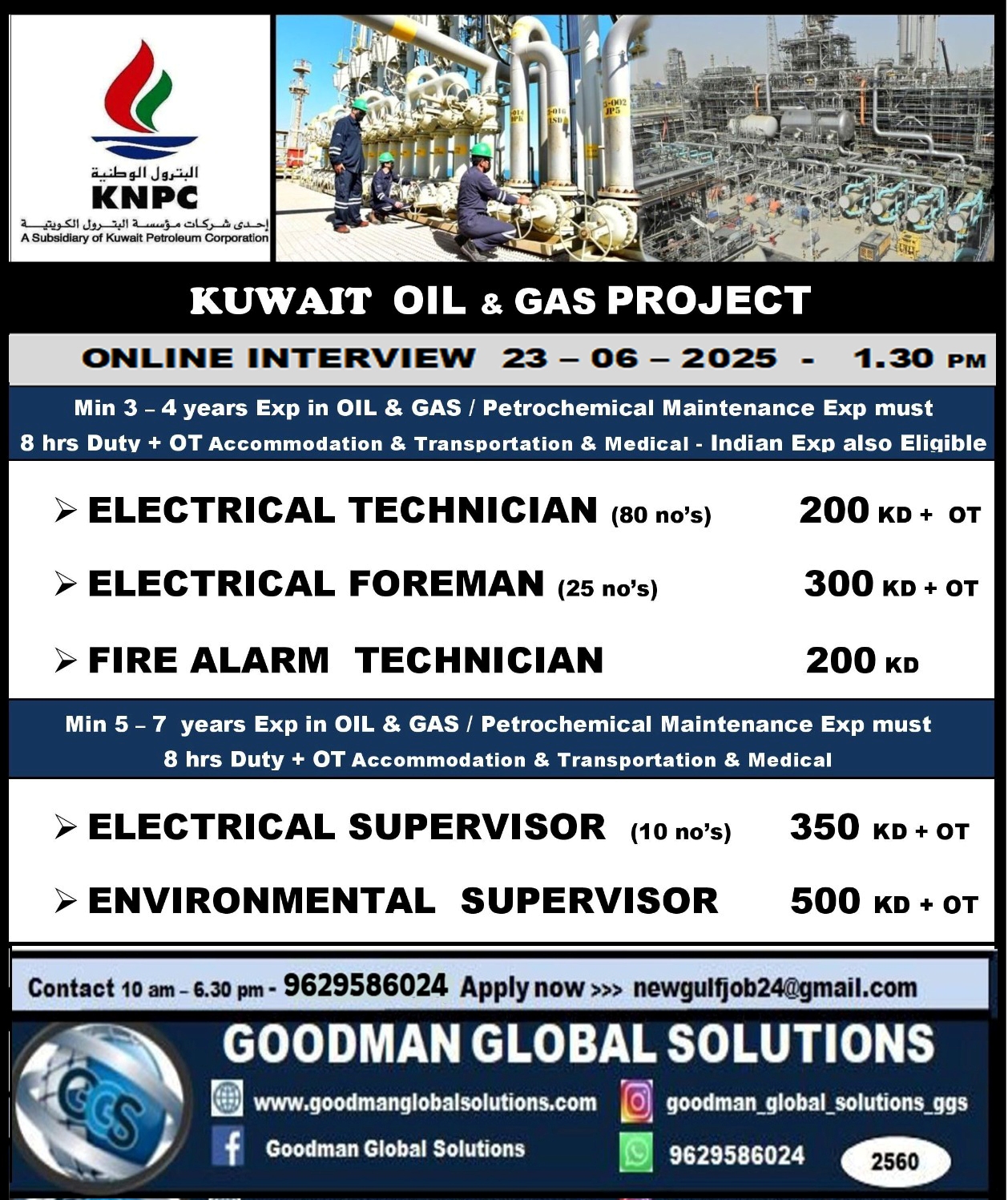 OIL & GAS / PETROCHEMICAL MAINTENANCE PROJECT KUWAIT  –  KNPC PROJECT   ONLINE INTERVIEW 23 / 06/ 2025  1.30 PM  Indian Time