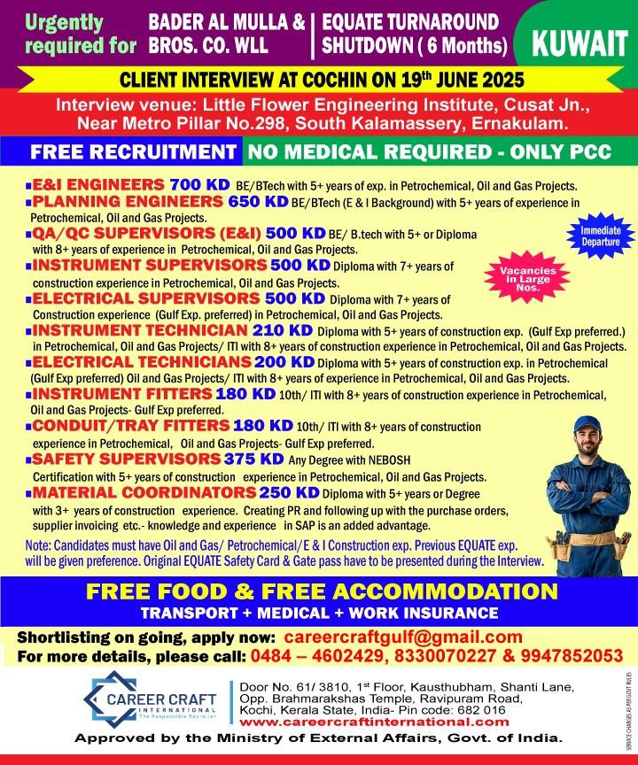 Client Interview at Kochi on 19th June, 2025 for Kuwait –