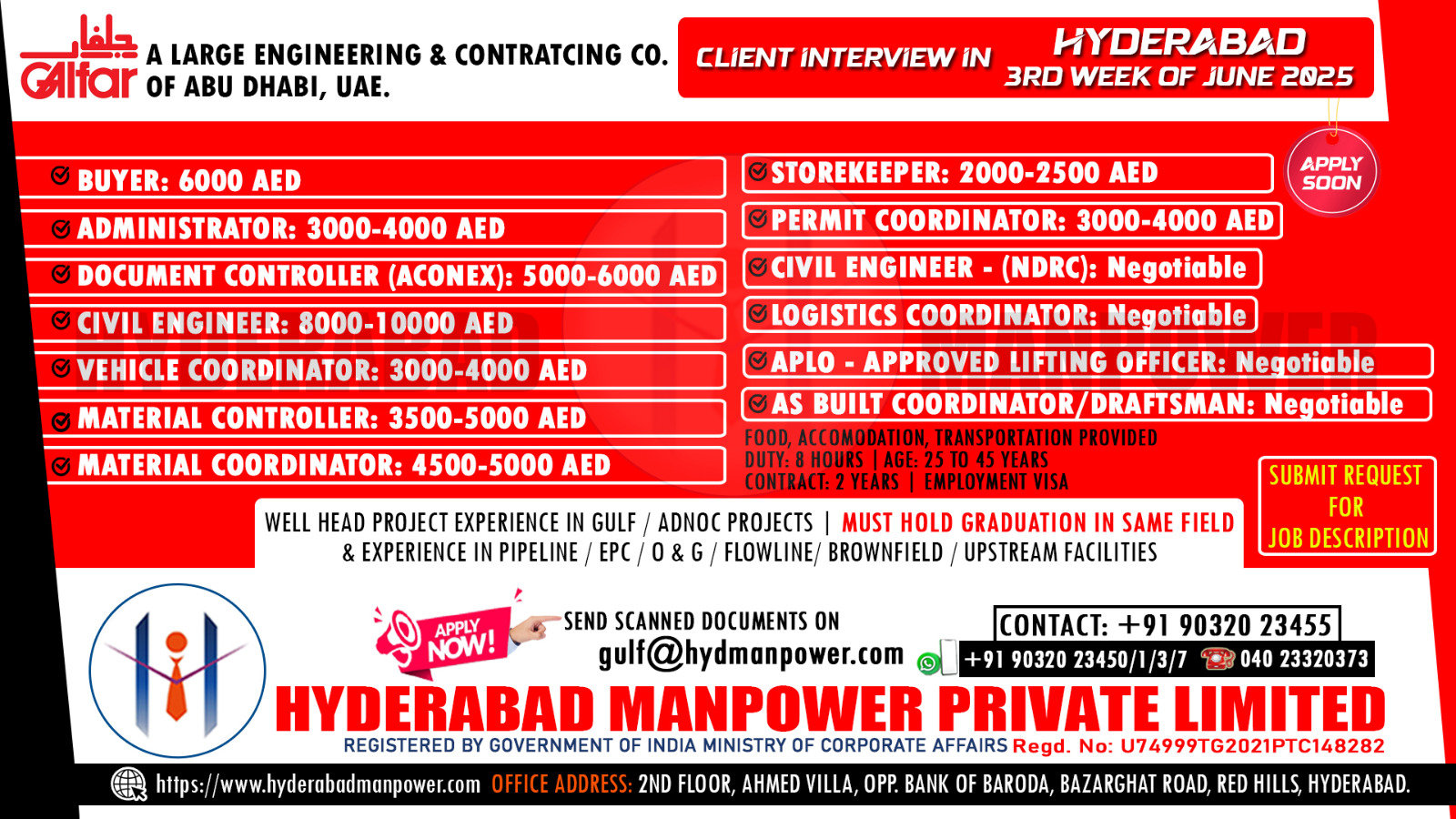 CLIENT INTERVIEW IN HYDERABAD IN 3rd WEEK OF JUNE 2025 A Large Engineering & Contracting Co. of Abu Dhabi, UAE MULTI POSITION Should be Graduate in Same Field Experience in Pipe Line, Oil & Gas, EPC, Flowline, Brownfield, Upstream Facilities Well Head Project Experience in gulf – ADNOC Projects Preferred Email ID: gulf@hydmanpower.com Contact No: +91 90320 23450/1/3/5/7 #requirements #requirement #required #jobshiring #uaejobs #abūdhabī #abudhabijobs #clientinterview #hyderabadjobseekers #hyderabadmanpower #epc #oilandgas #pipeline #brownfield #flowline #diploma #iti