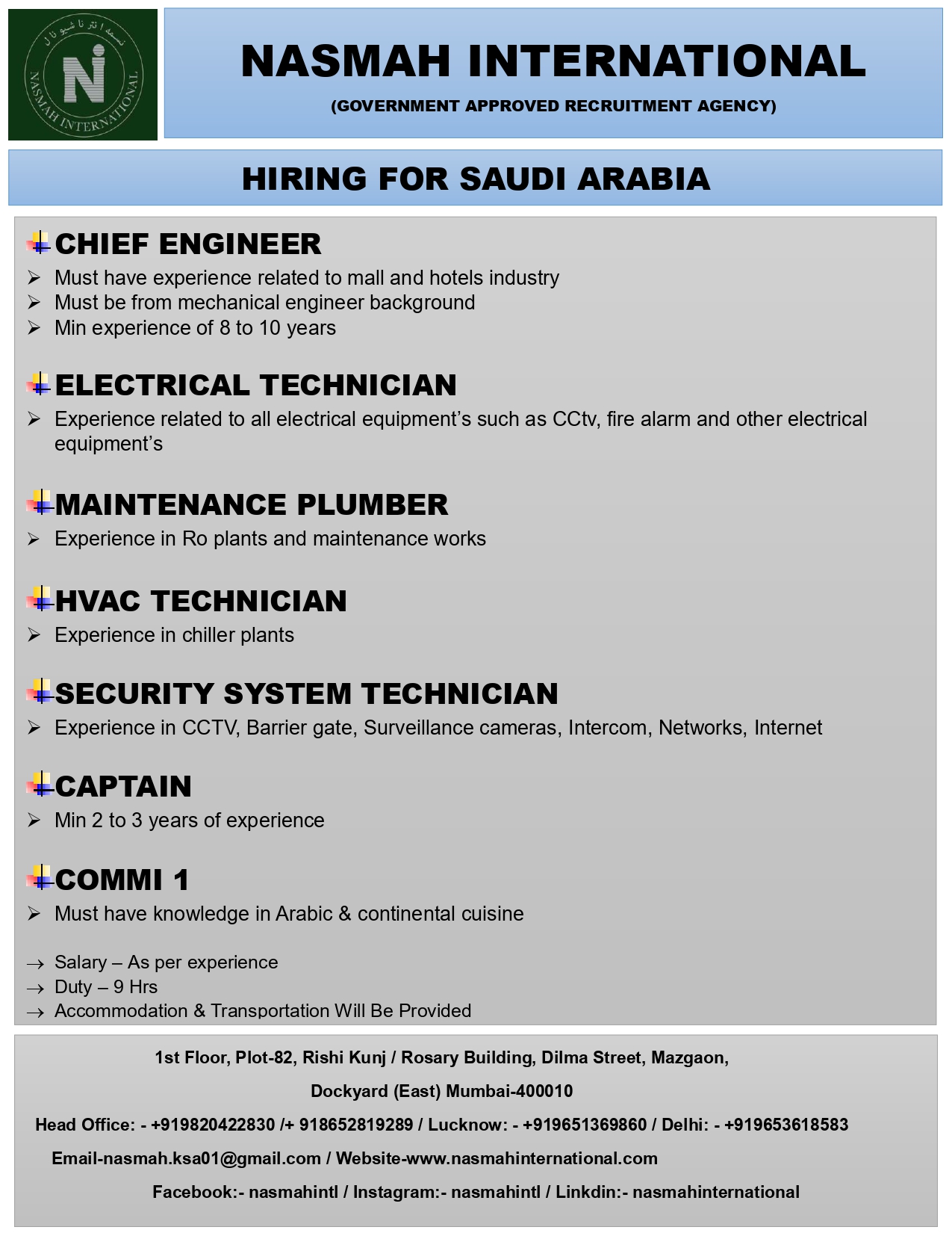 1-CHIEF ENGINEER / 2-ELECTRICAL TECHNICIAN / 3-MAINTENANCE PLUMBER / 4-HVAC TECHNICIAN / 5-SECURITY SYSTEM TECHNICIAN / 6-CAPTAIN / 7-COMMI-1