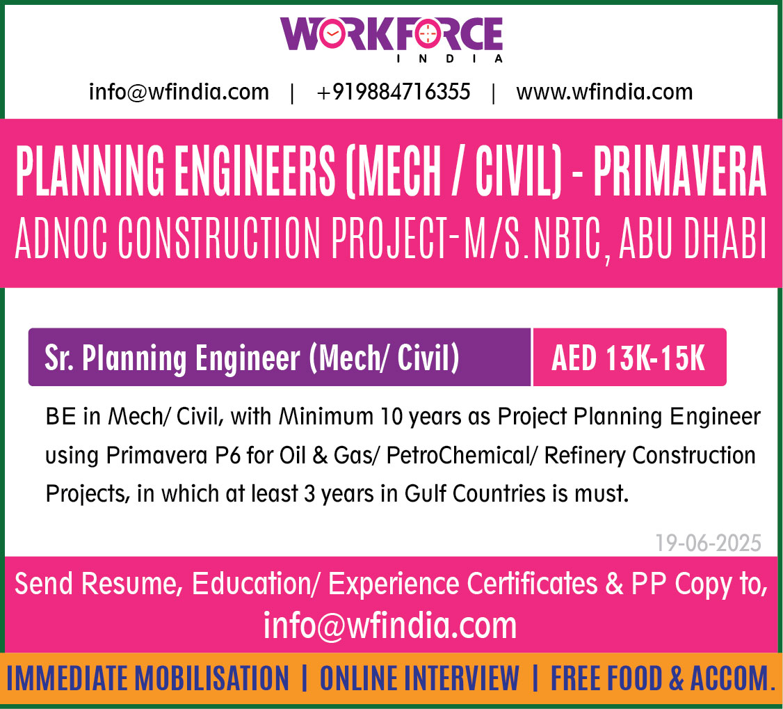 Sr Planning Engineer (Mech / Civil) – ADNOC Contract – M/S.  NBTC, Abu Dhabi, UAE.