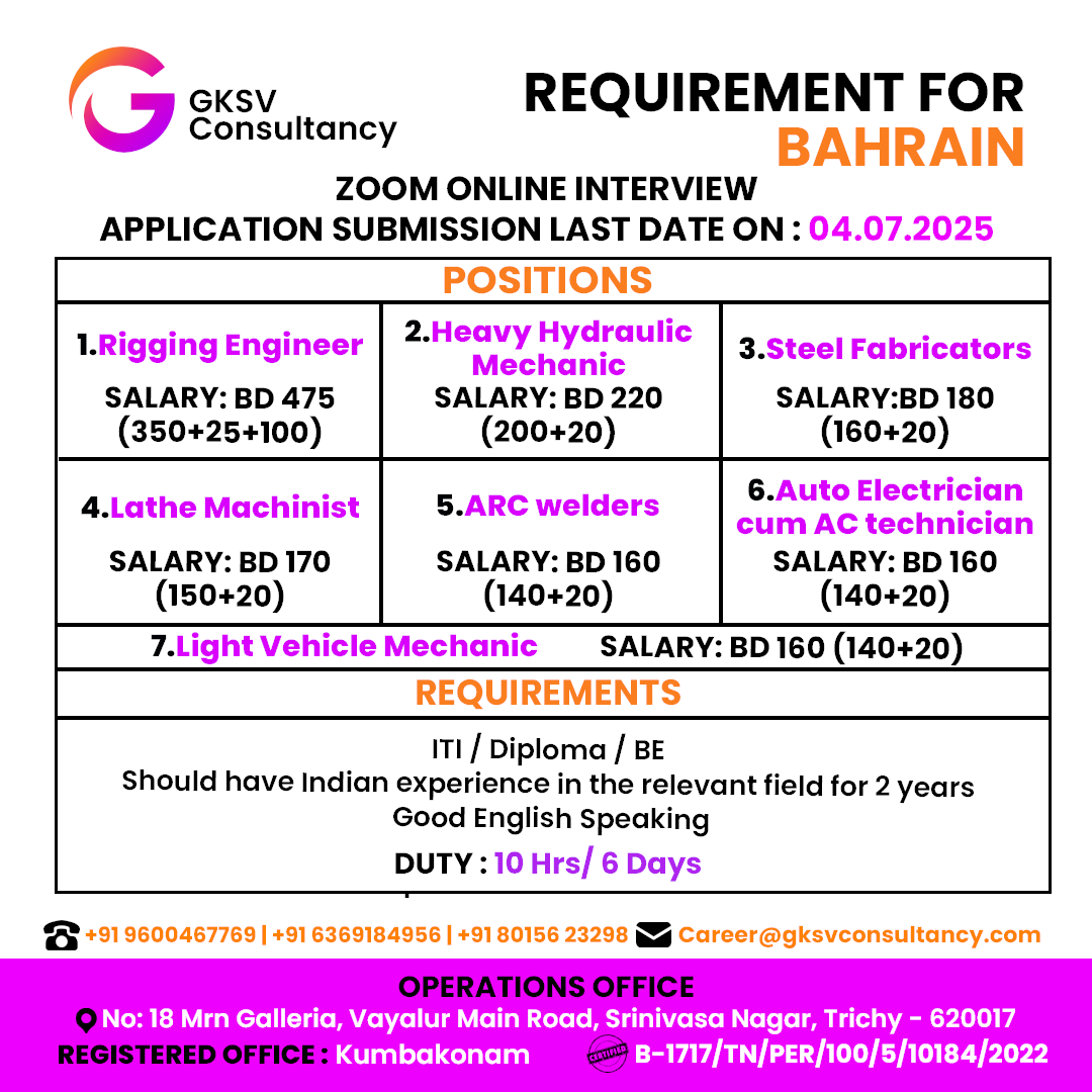 Urgent Hiring for Bahrain