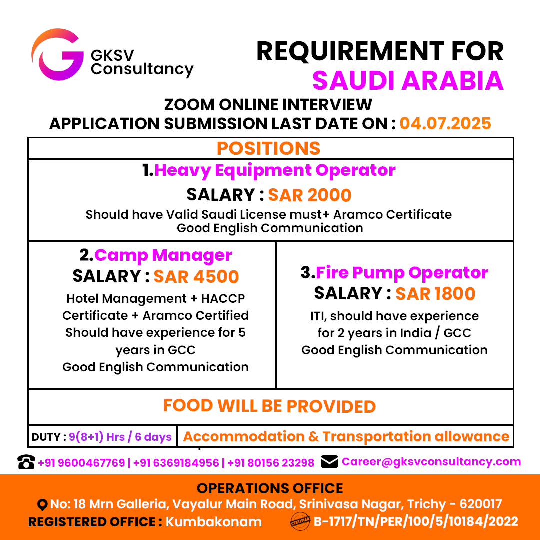 Urgent Hiring for SAUDI
