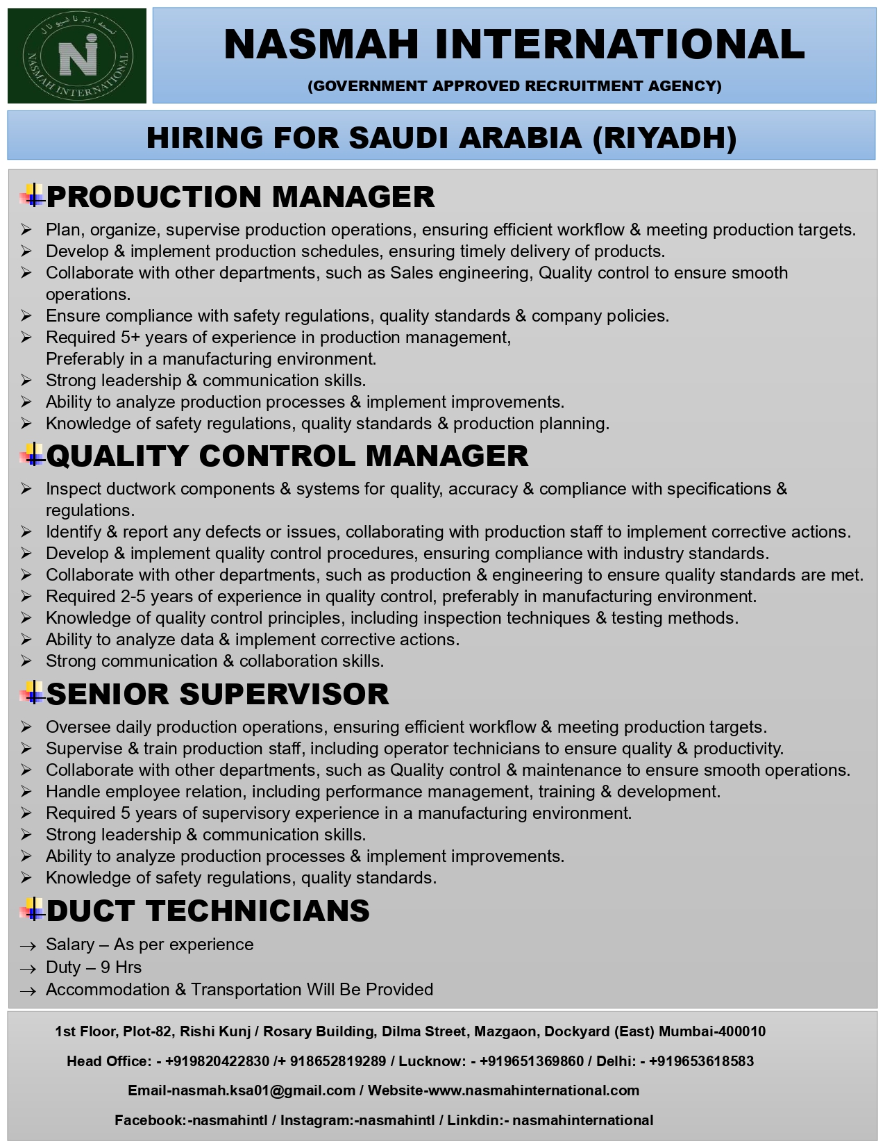1-PRODUCTION MANAGER / 2-QUALITY CONTROL MANAGER / 3-SENIOR SUPERVISOR / 4-DUCT TECHNICIANS