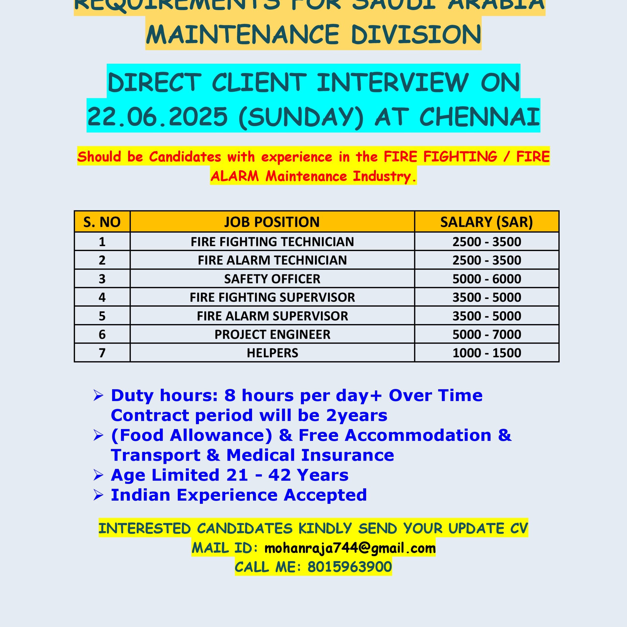 REQUIREMENTS FOR SAUDI ARABIA – MAINTENANCE DIVISION