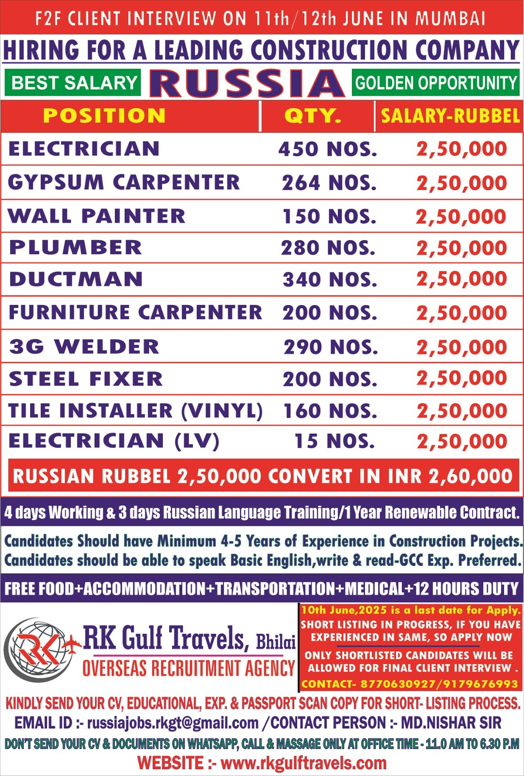 URGENTLY REQUIRED FOR A LEADING CONSTRUCTION CO. – RUSSIA