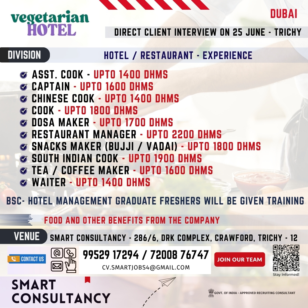 WANTED FOR A LEADING VEGETARIAN HOTEL –  DIRECT CLIENT INTERVIEW ON 25 JUNE – TRICHY 