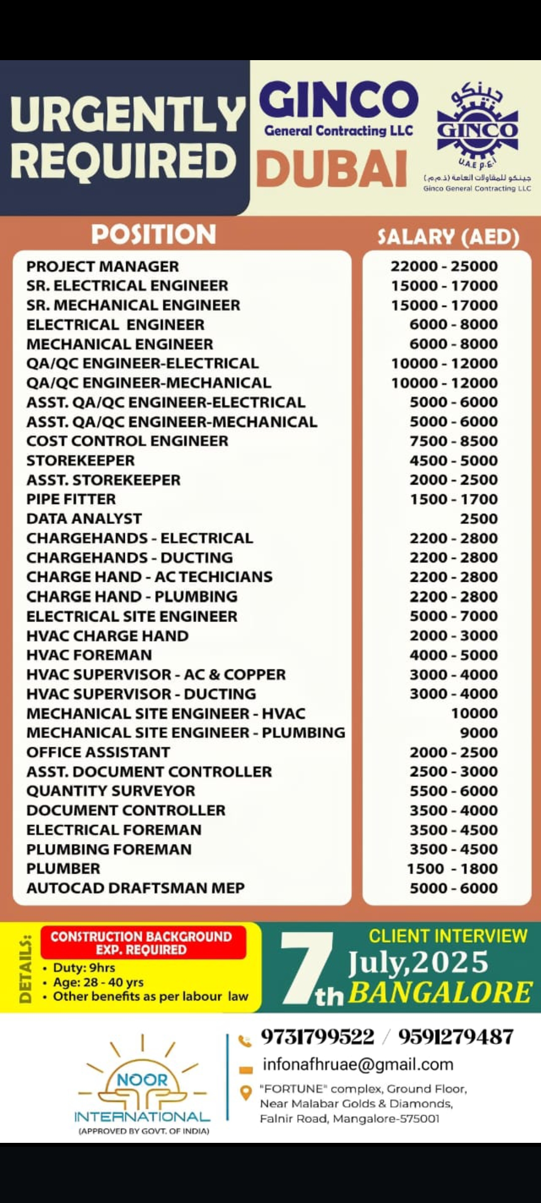 REQUIREMENT FOR A LEADING CONSTRUCTION CO DUBAI.