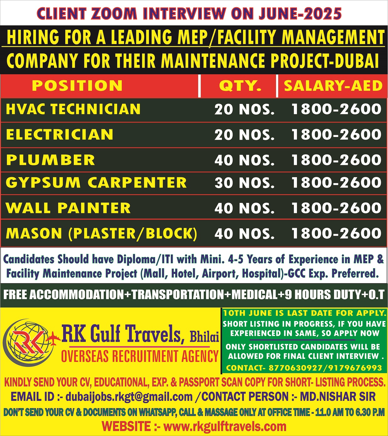 URGENTLY REQUIRED FOR ALEADING FACILITY MANAGEMENT CO. – DUBAI (UAE)