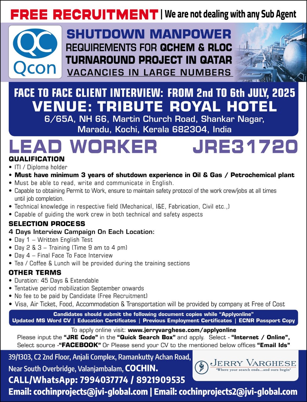 requirement for QCHEM & RLOC TURNAROUND  PROJECT IN QATAR