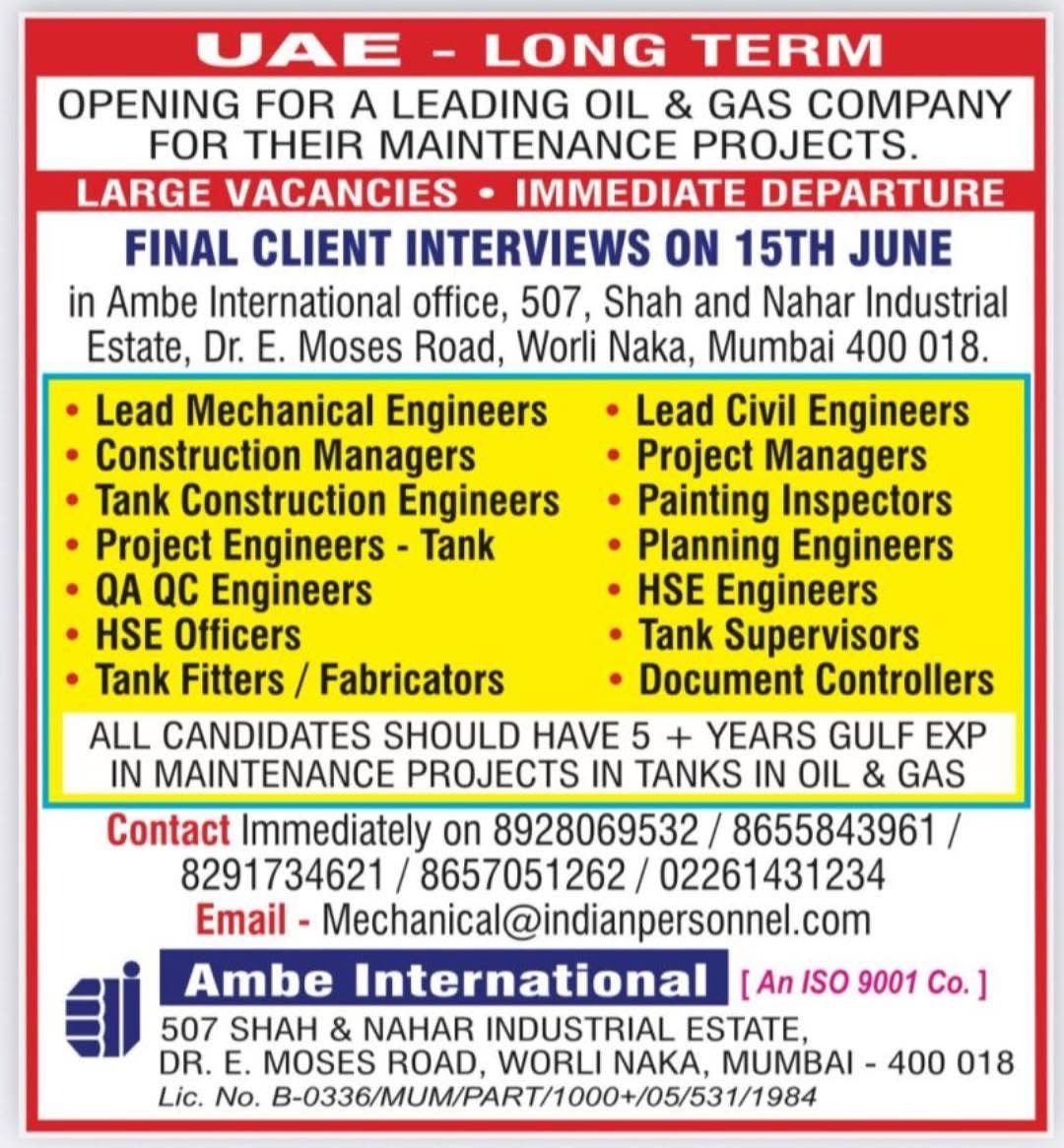 opening for a leading oil& gas company for their maintenance project