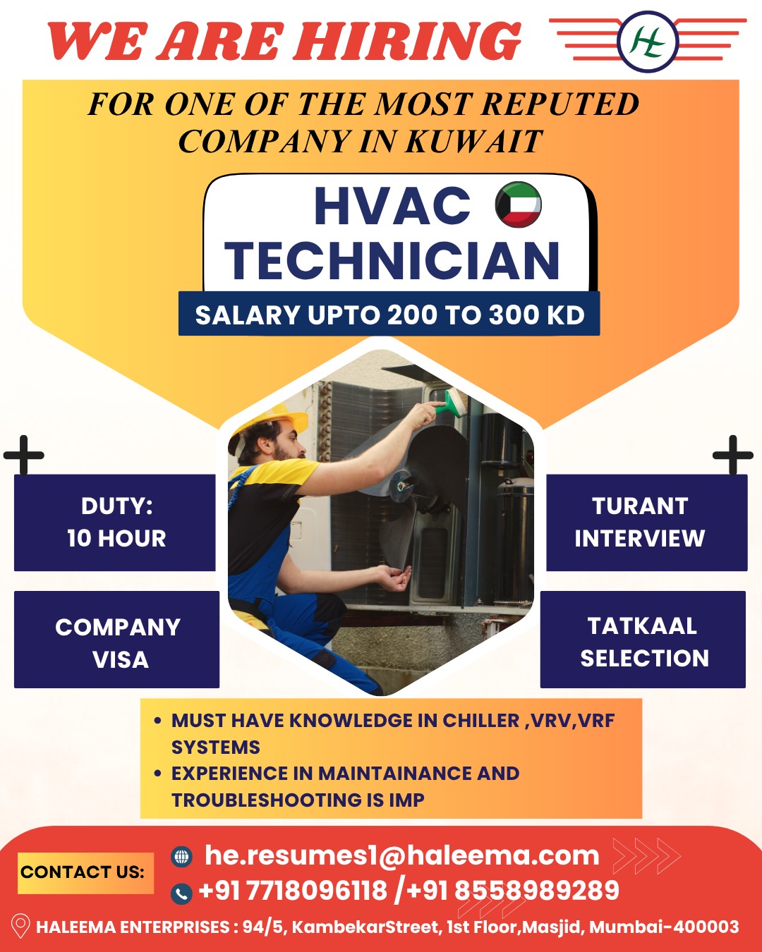 HVAC TECHNICIAN REQUIRED FOR KUWAIT