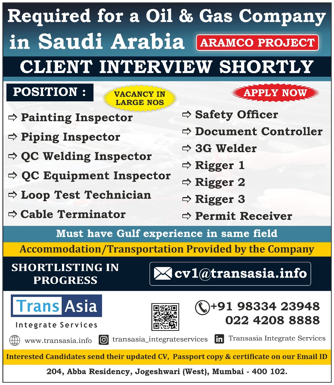 Required for a oil & gas  company in Saudi Arabia
