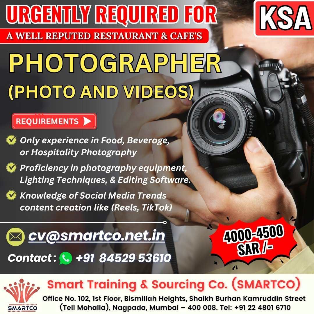 URGENTLY REQUIRED FOR A WELL REPUTED RESTAURANT & CAFE’S PHOTOGRAPHER
