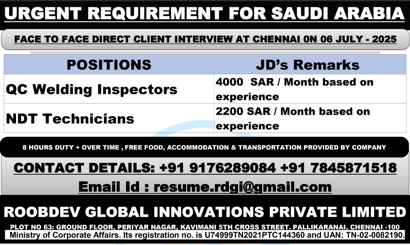 URGENT REQUIREMENT FOR SAUDI ARABIA