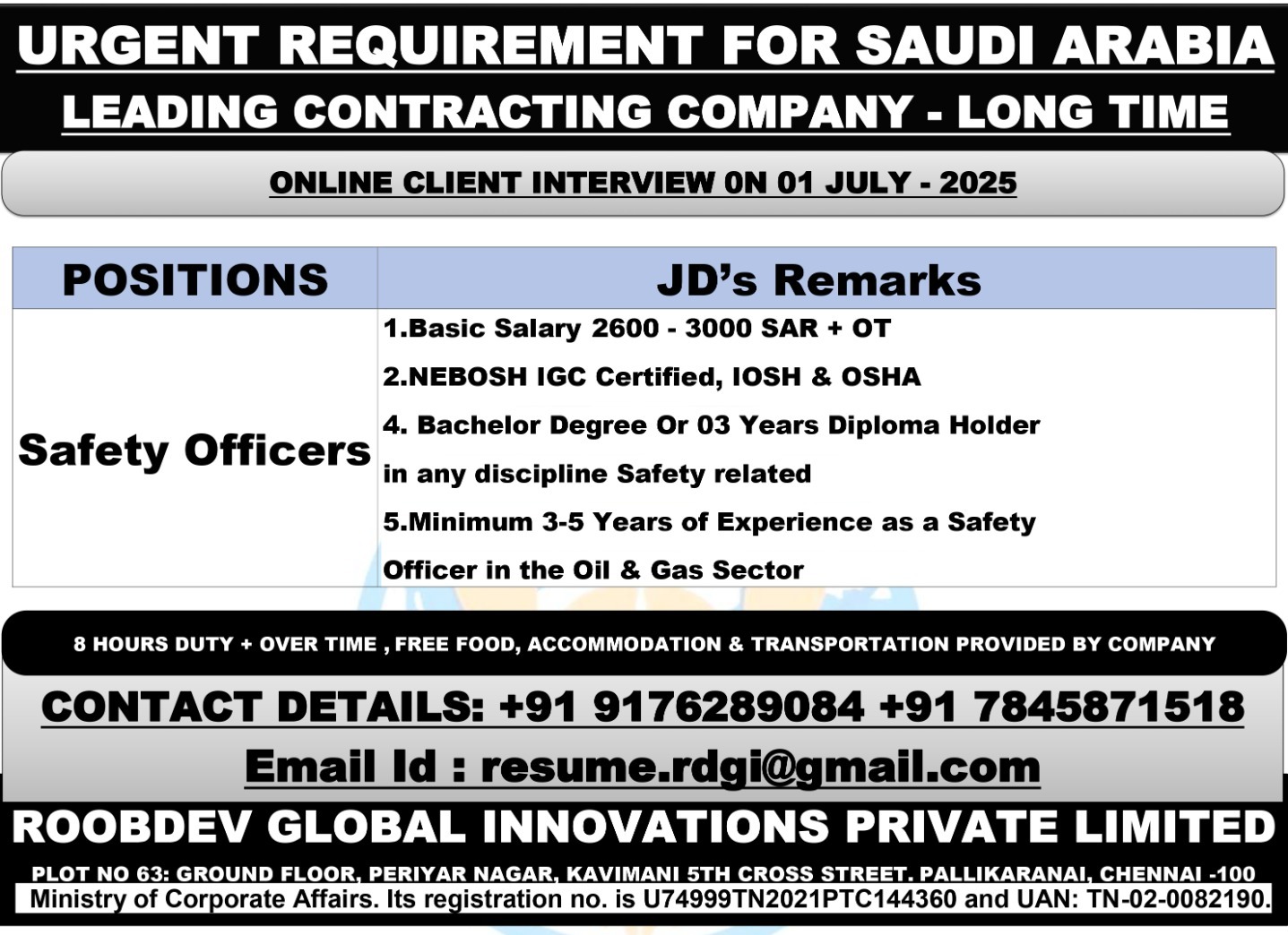 URGENT REQUIREMENT FOR SAUDI ARABIA LEADING CONTRACTING COMPANY – LONG TIME