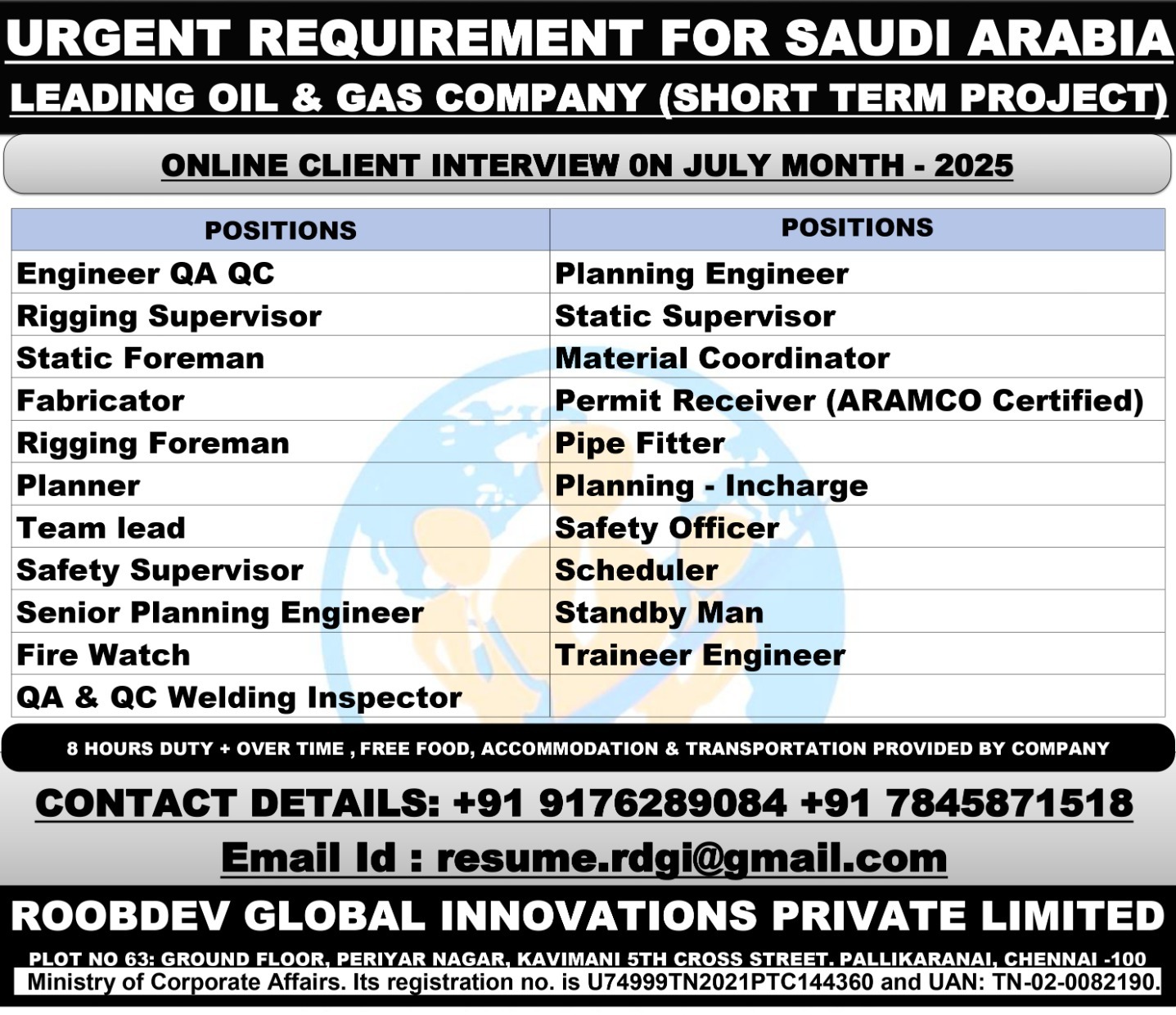 URGENT REQUIREMENT FOR SAUDI ARABIA LEADING OIL & GAS COMPANY (SHORT TERM PROJECT)