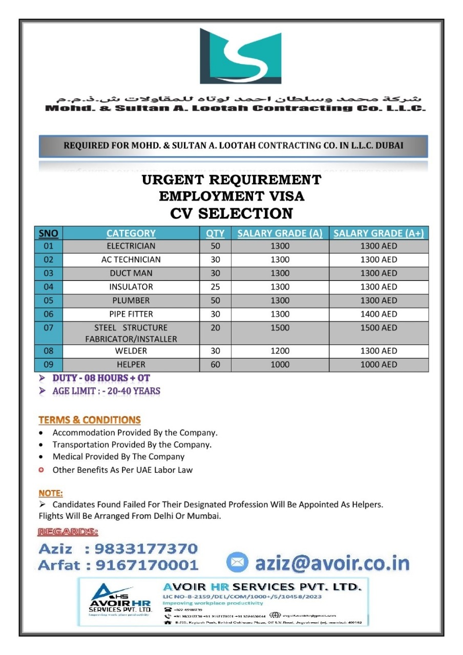 Required for MOHD.& Sultan A.LOOTAH contracting co. in L.L.C DUBAI