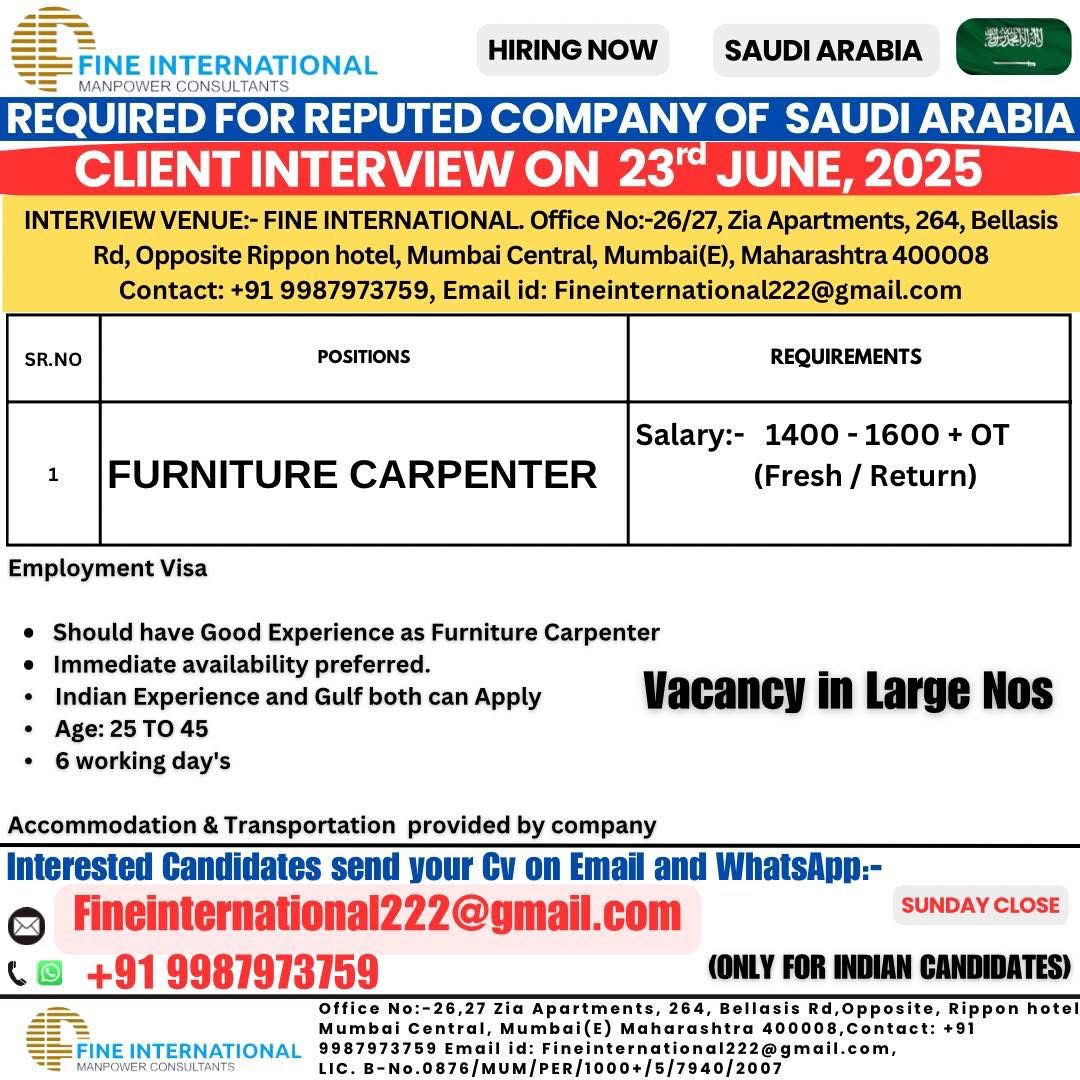 REQUIRED FOR REPUTED COMPANY OF SAUDI ARABIA – FURNITURE CARPENTER