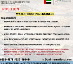 HIRING A WATERPROOFING ENGINEER FOR REPUTED CONSTRUCTION COMPANY IN DUBAI