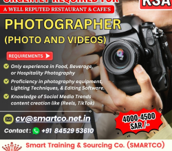 URGENTLY REQUIRED FOR A WELL REPUTED RESTAURANT & CAFE’S PHOTOGRAPHER